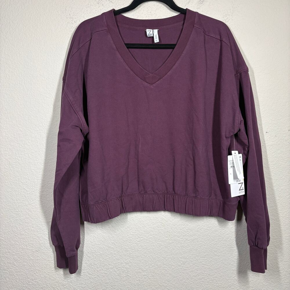Zella Womens XL Pullover Sweatshirt Purple Claret Cotton V Neck Long Sleeves